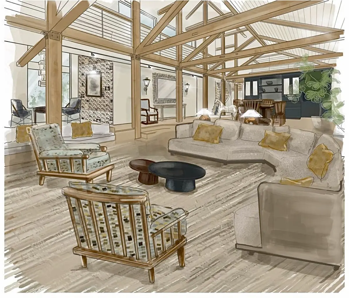 Interior visualisation of a timber-framed Bedford Corners residence