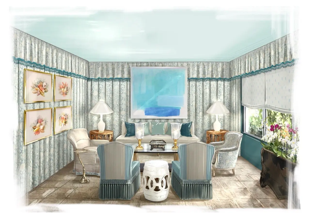 Hand-rendered interior study for Mrs. Howell’s Retreat